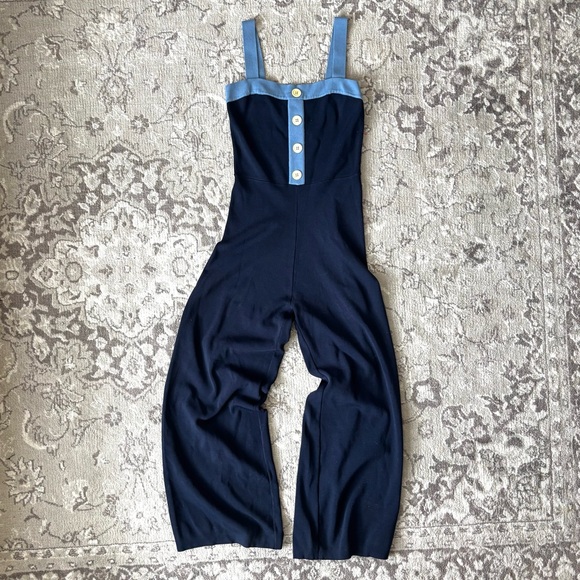 STAUD Pants - Staud Navy Jumpsuit with Light Blue Trim and Button Front